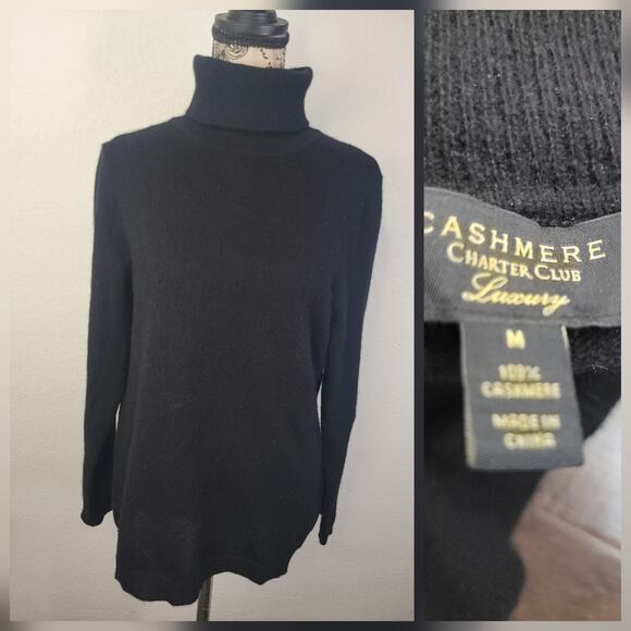 Charter Club Luxury Sweater Womens Sz Medium 100% Cashmere Turtleneck Black - Picture 1 of 11